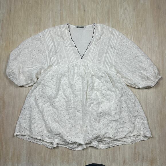 Zara White Eyelet Embroidered Puff Sleeve Boho Peasant Mini Dress Top Medium - Picture 1 of 12